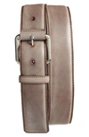 Tumi Leather Belt In Nickel Satin/ Brown
