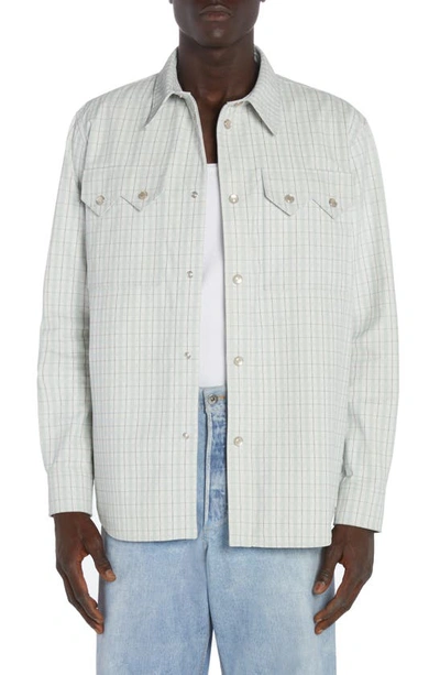 Bottega Veneta Check Print Leather Snap-up Western Shirt In White/ Grey/ Mint