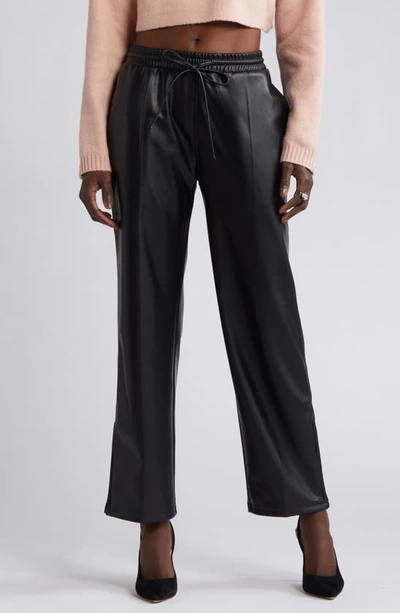 Open Edit Faux Leather Drawstring Track Pants In Black