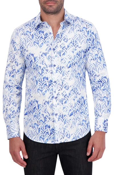 Robert Graham Abstract Frond Print Stretch Cotton Button-down Shirt In Blue