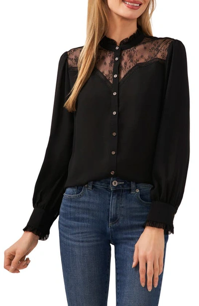 Cece Lace Yoke Button-up Shirt In Rich Black