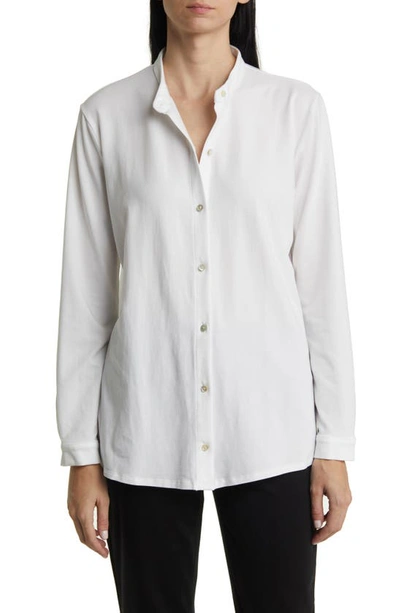 Eileen Fisher Band Collar Jersey Button-up Shirt In White