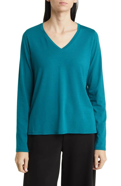 Eileen Fisher Long Sleeve V-neck Top In Peacock