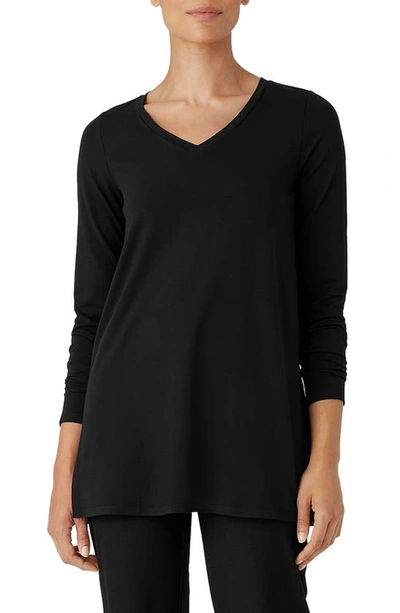 Eileen Fisher Long Sleeve V-neck Tunic Top In Black