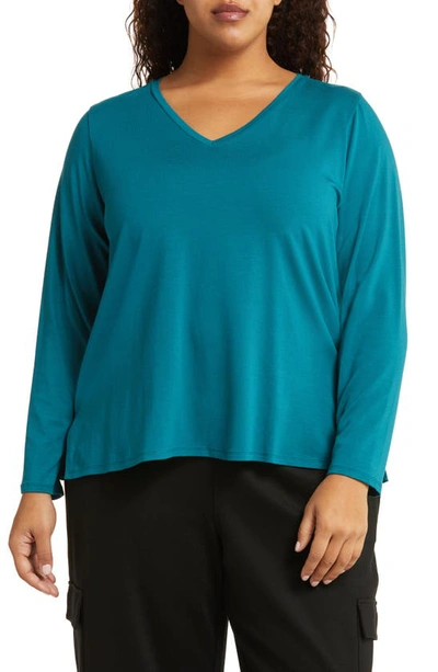 Eileen Fisher Long Sleeve V-neck Top In Peacock