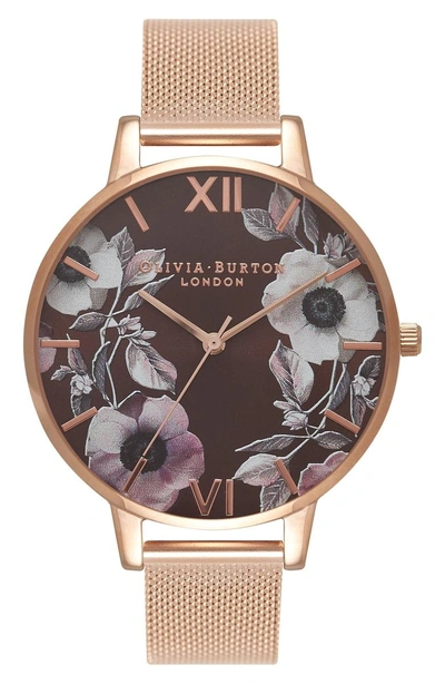 Olivia Burton Mesh Strap Watch, 38mm In Rose Gold/ Brown/ Floral