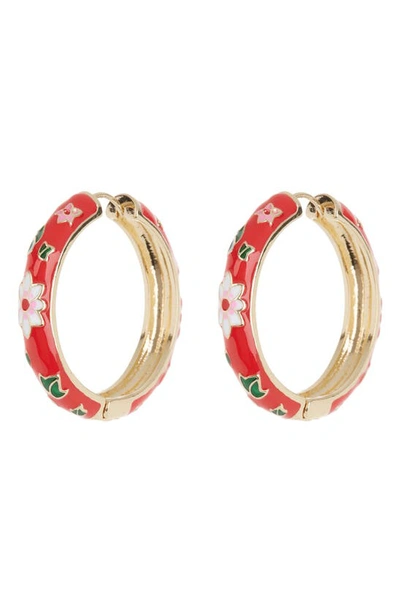 Tasha Floral Enamel Hoop Earrings In Red/ Pink