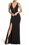 Dress The Population Lana Plunging Strappy Shoulder Gown In Black