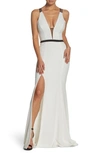 Dress The Population Lana Plunging Strappy Shoulder Gown In Off White