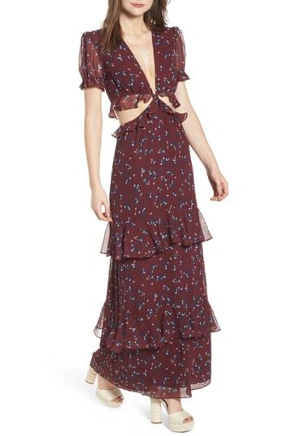 Wayf Lavina Cutout Maxi Dress In Wine Floral