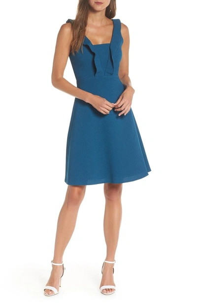Maggy London Ruffle Neck Dress In Harbour Blue