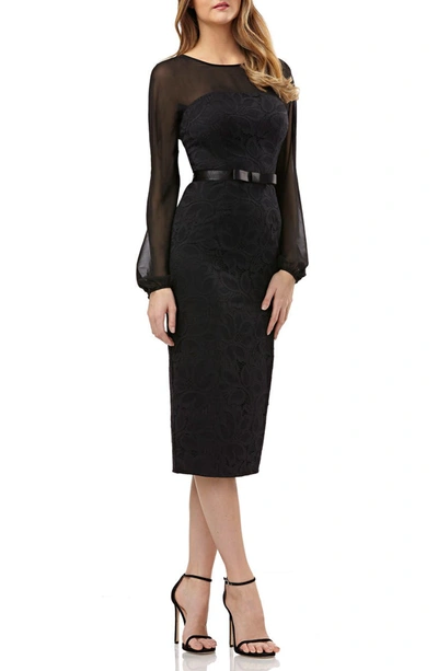 Kay Unger Long-sleeve Belted Dress In Lace & Chiffon In Black