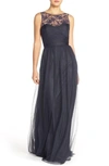 Amsale 'chandra' Illusion Yoke Lace & Tulle Gown In Navy