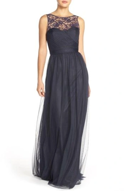 Amsale 'chandra' Illusion Yoke Lace & Tulle Gown In Navy