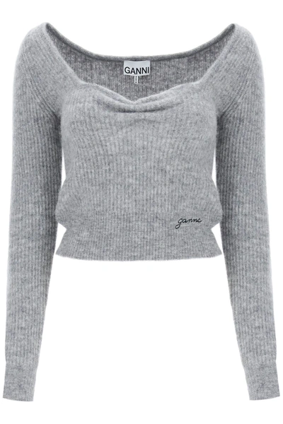 Ganni Sweater With Sweetheart Neckline In Gray