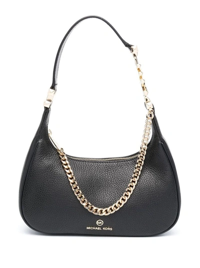 Michael Michael Kors 'piper' Black Shoulder Bag With Chain And Logo In Hammered Leather Woman
