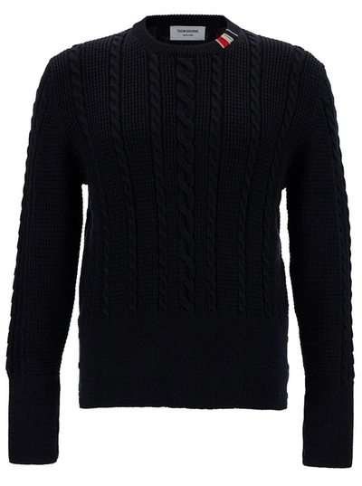 Thom Browne Blue Crewneck Cable Knit Sweater With Rwb Stripe Detail In Wool Man