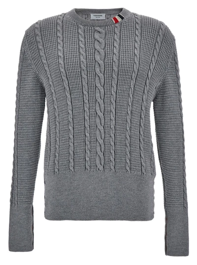 Thom Browne Grey Crewneck Cable Knit Sweater With Rwb Stripe Detail In Wool Man