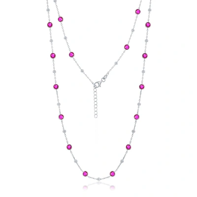 Simona Sterling Silver Bezel-set Cz & Bead Station Necklace (white, Green, Blue, Or Red)