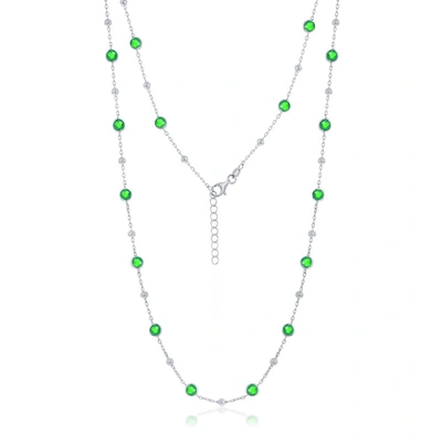Simona Sterling Silver Bezel-set Cz & Bead Station Necklace (white, Green, Blue, Or Red)