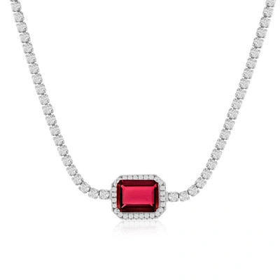 Simona Sterling Silver Asscher-cut Cz Tennis Choker (blue Or Red)