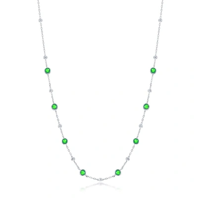 Simona Sterling Silver Bezel-set Cz & Bead Station Necklace (white, Green, Blue, Or Red)