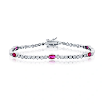 Simona Sterling Silver Beaded Outline Round & Oval Cz Bracelet (green, Blue, Or Red)