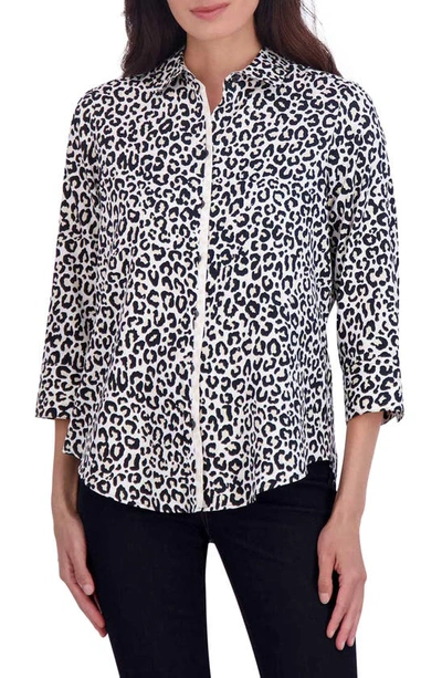 Foxcroft Charlie Leopard Print Cotton Button-up Shirt In Black/ White