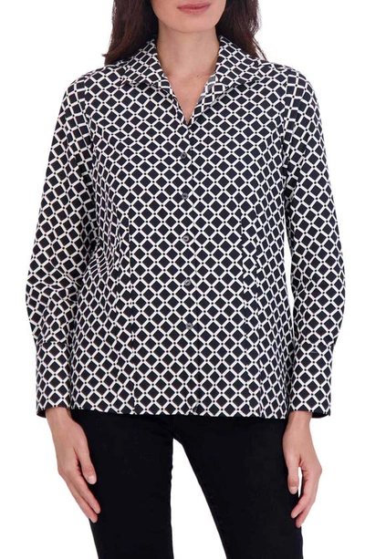 Foxcroft Katie Diamond Grid Print Cotton Button-up Shirt In Black/ White
