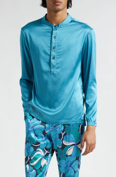 Tom Ford Henley Stretch Silk Pajama Shirt In Blue