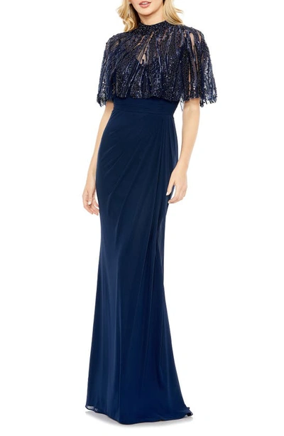 Mac Duggal Cape Overlay Trumpet Gown In Navy