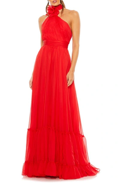Ieena For Mac Duggal Rosette Asymmetric Halter Gown In Red