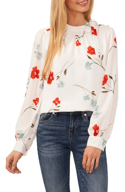 Cece Button Detail Floral Tie Neck Blouse In New Ivory