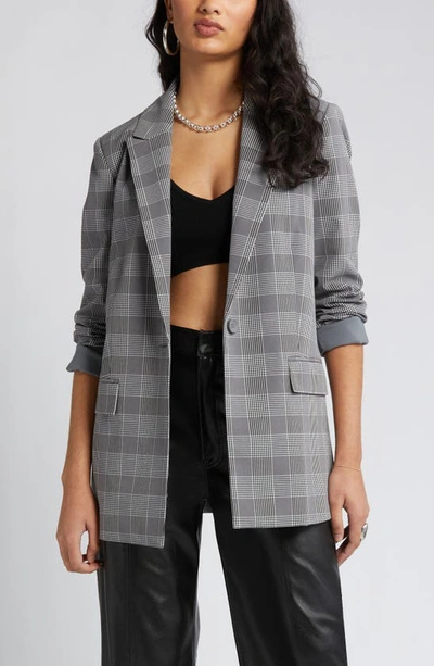 Open Edit Plaid Bracelet Sleeve Blazer In Grey Soly Plaid