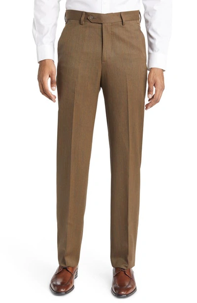 Berle Flat Front Classic Fit Wool Gabardine Dress Pants In Heather Tobacco