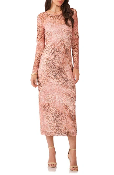 Vince Camuto Animal Print Long Sleeve Midi Dress In Natural Taupe