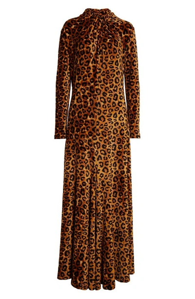 Rabanne Leopard Print Long Sleeve Velvet Maxi Dress