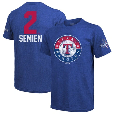 Majestic Threads Marcus Semien Royal Texas Rangers 2023 World Series Champions Name & Number T-shirt