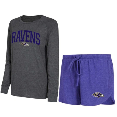 Concepts Sport Women's  Purple, Black Baltimore Ravens Raglan Long Sleeve T-shirt And Shorts Lounge S In Purple,black