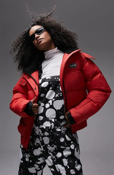 Topshop Hooded Puffer Jacket In Red