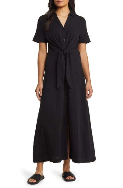 Caslon Vacation Tie Front Gauze Shirtdress In Black