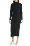 Treasure & Bond Placed Rib Mock Neck Long Sleeve Midi Dress In Black