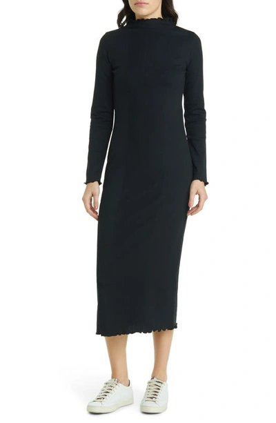 Treasure & Bond Placed Rib Mock Neck Long Sleeve Midi Dress In Black