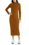 Treasure & Bond Placed Rib Mock Neck Long Sleeve Midi Dress In Brown Temple