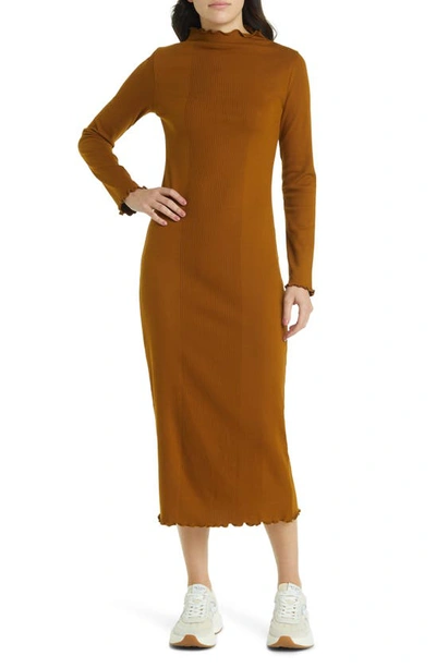 Treasure & Bond Placed Rib Mock Neck Long Sleeve Midi Dress In Brown Temple