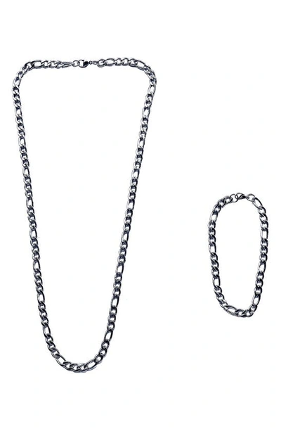 Clancy Garrett Stainless Steel Figaro Chain Necklace & Bracelet Set In Silver