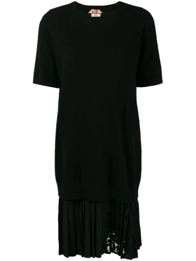 N°21 Pleated Lace Hem Short-sleeve Crewneck Wool Dress In Black