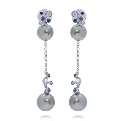 Damiani 18k White Gold, Tahitian Pearl, Sapphire And Diamond Drop Earrings In Silver