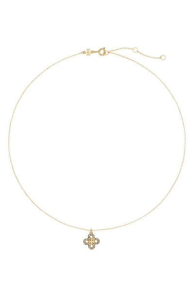 Tory Burch Kira Crystal Clover Pendant Necklace In Tory Gold / Crystal