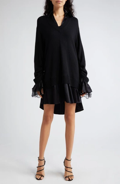 Cinq À Sept Atlas Santina Mixed Media Long Sleeve Sweater Dress In Black/ Black